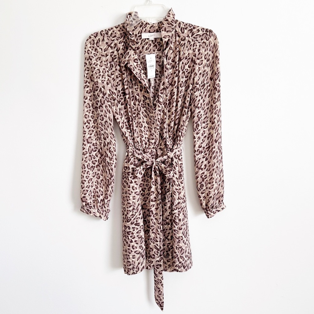 Ann Taylor LOFT Animal Print Dress Long Sleeve Ruffle Collar Belted Tie 0